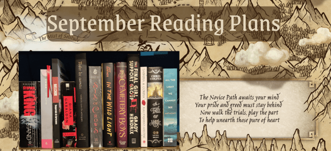 The background features a map of the novice path (Described further in the blog). On the left is a look at all the book spines from the books mentioned in the book standing upright and at the top it says "September Reading Plans"